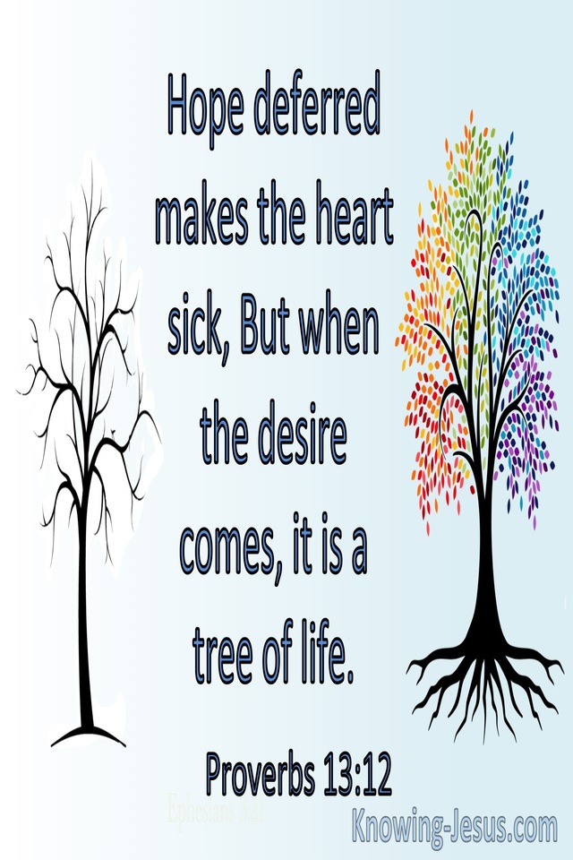 Proverbs 13:12 Hope Deferred Makes The Heart Sick But When Desire Comes it’s a Tree Of Life (blue)